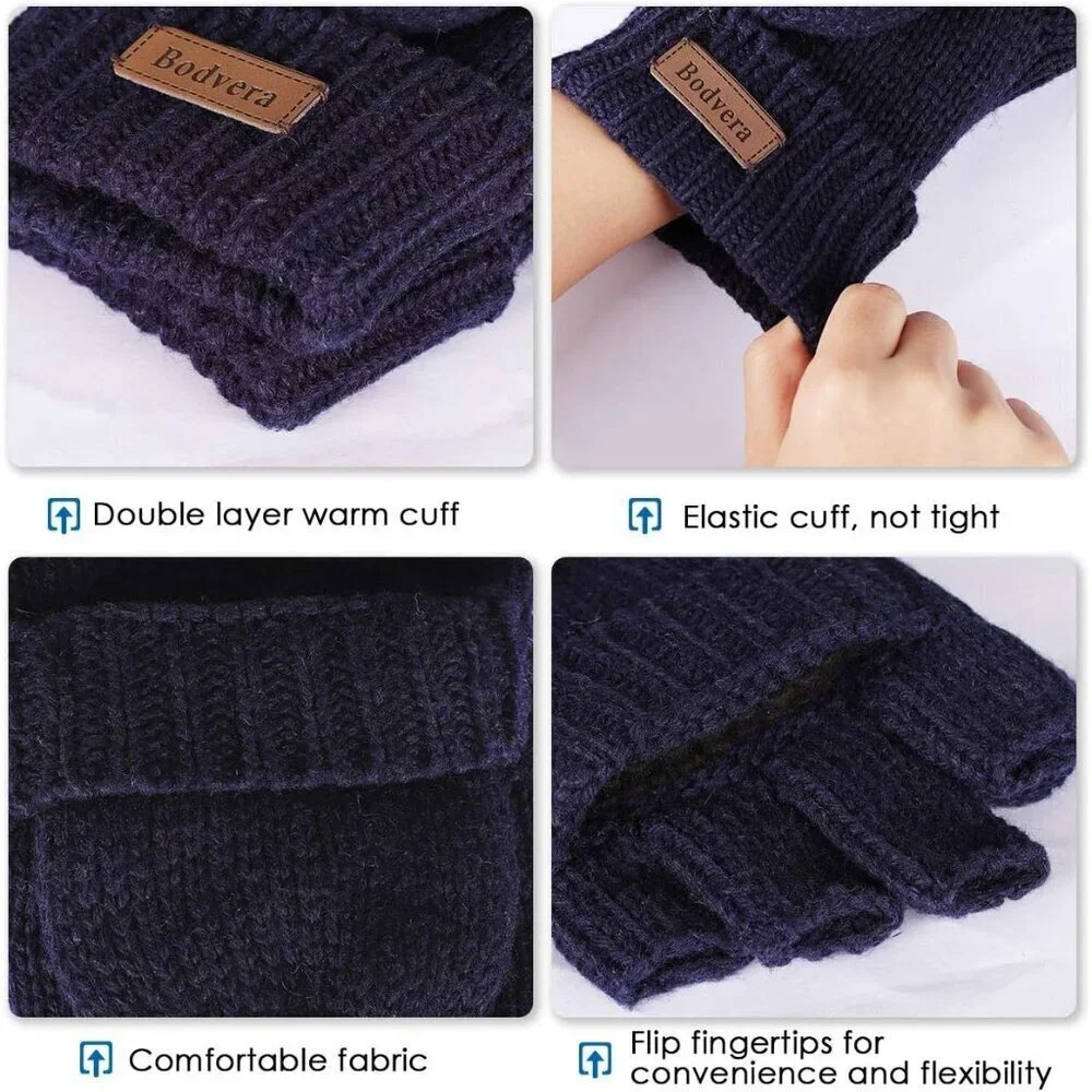 Women's Navy Winter Warm Thermal Insulation Fingerless Texting Wool Gloves